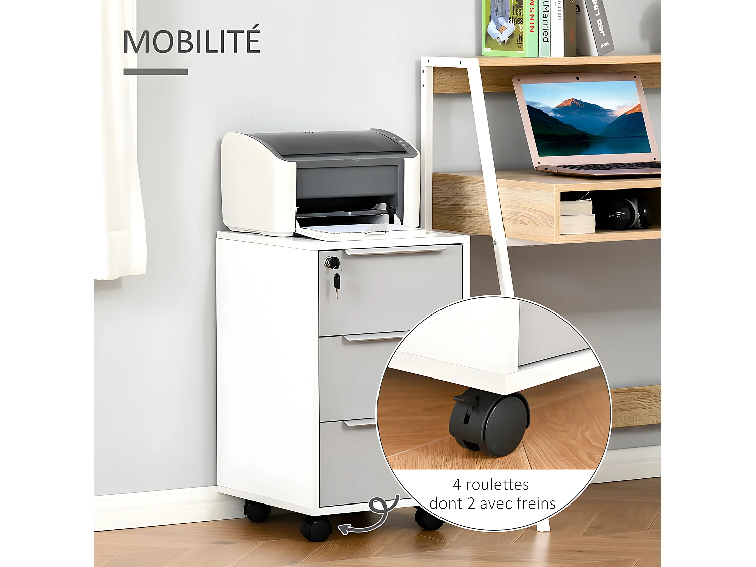 Caisson de bureau 3 tiroirs verouillables MAËL gris & blanc