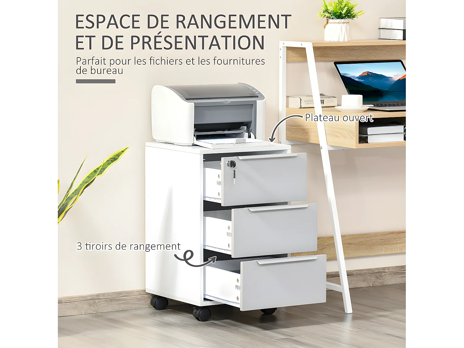 Caisson de bureau 3 tiroirs verouillables MAËL gris & blanc