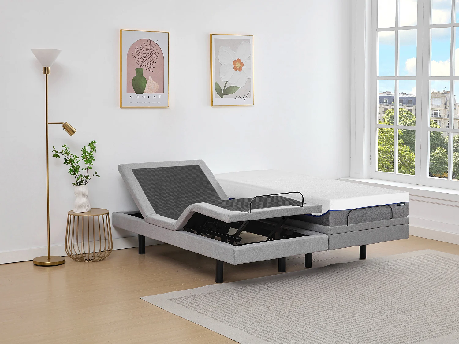 Lit électrique de relaxation déco + matelas mémoire de forme - 2 x 80 x 200 cm - Tissu - Gris - MENASINA de YSMÉE