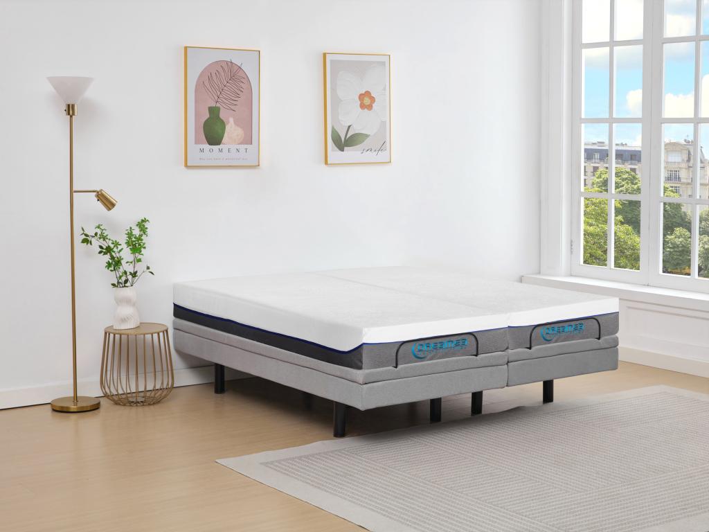 Lit électrique de relaxation déco + matelas mémoire de forme - 2 x 90 x 200 cm - Tissu - Gris - MENASINA de DREAMEA