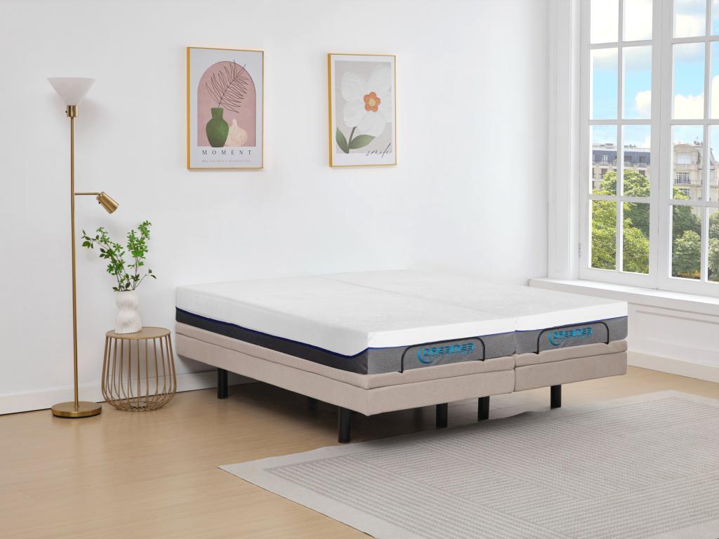 Lit électrique de relaxation déco + matelas mémoire de forme - 2 x 80 x 200 cm - Tissu - Beige - MENASINA de DREAMEA