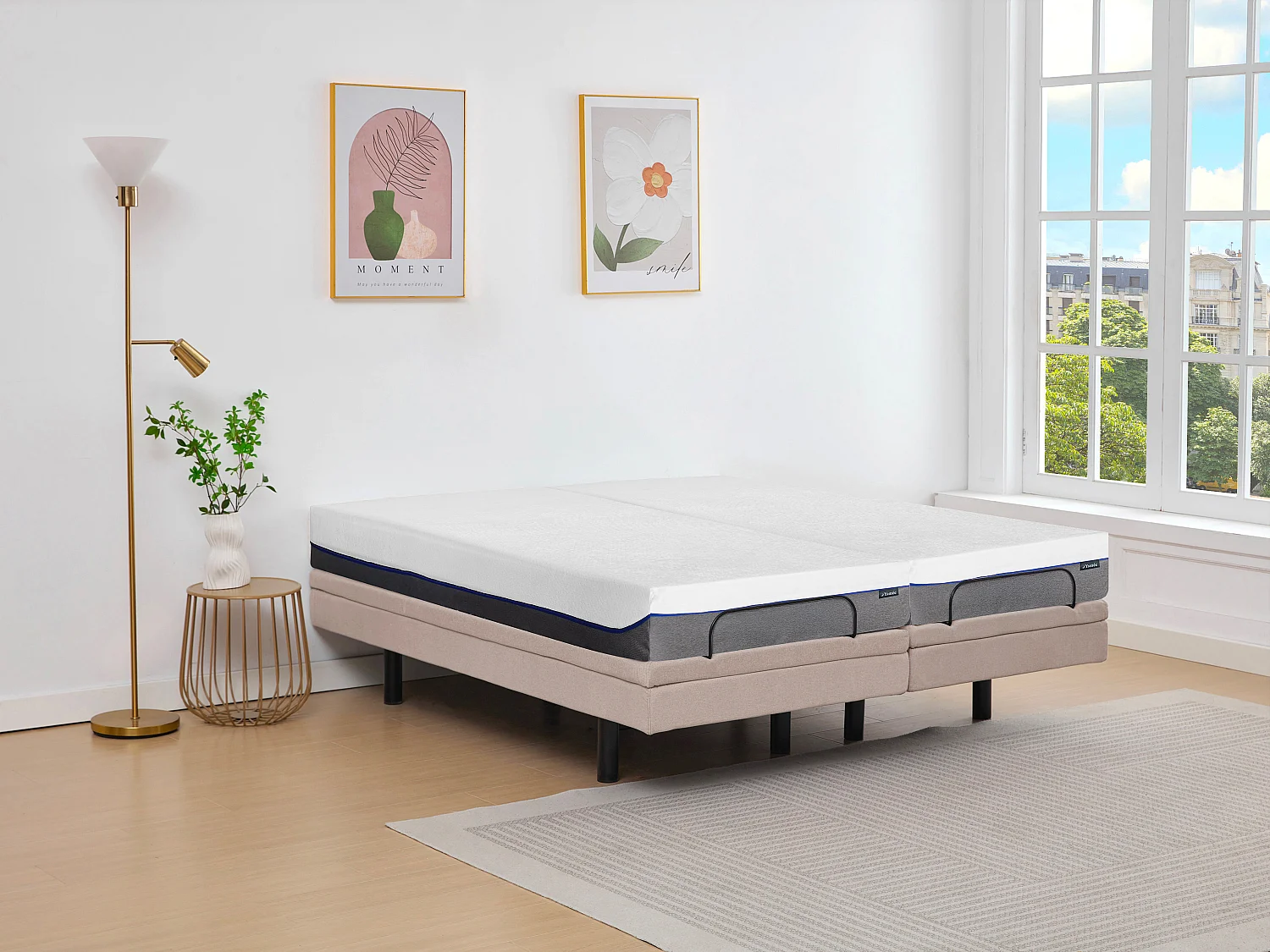 Lit électrique de relaxation déco + matelas mémoire de forme - 2 x 80 x 200 cm - Tissu - Beige - MENASINA de YSMÉE