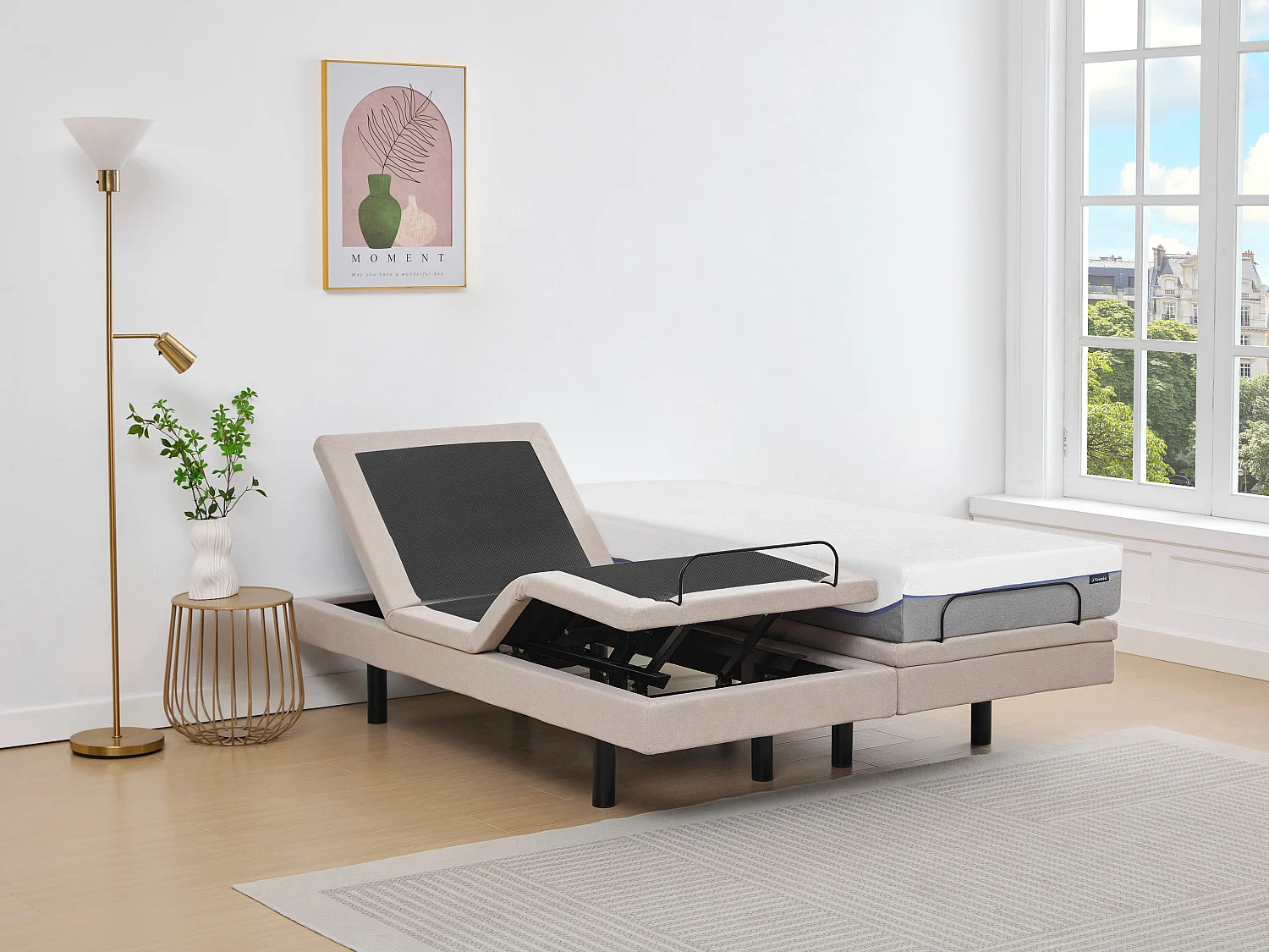 Lit électrique de relaxation déco + matelas mémoire de forme - 2 x 80 x 200 cm - Tissu - Beige - MENASINA de YSMÉE