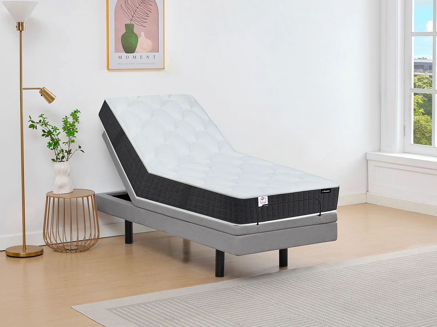 Lit électrique de relaxation déco + matelas ressorts ensachés et mémoire de forme - 80 x 200 cm - Tissu - Gris - RIZALI de YSMÉE