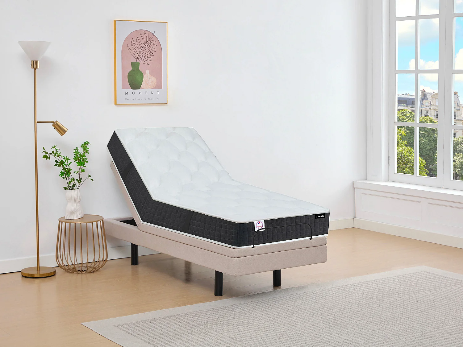 Lit électrique de relaxation déco + matelas ressorts ensachés et mémoire de forme - 80 x 200 cm - Tissu - Beige - RIZALI de YSMÉE