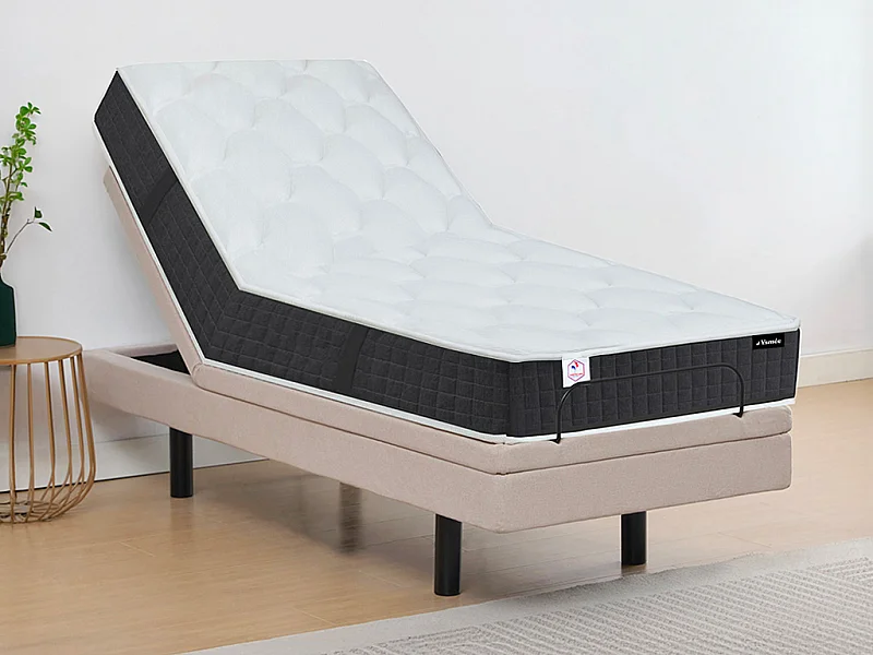 Lit électrique de relaxation déco + matelas ressorts ensachés et mémoire de forme - 80 x 200 cm - Tissu - Beige - RIZALI de YSMÉE