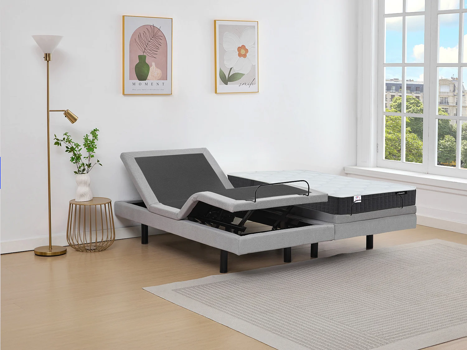 Dekoratives Bett mit elektrischer Relaxfunktion + Taschenfederkern- & Memory-Schaum-Matratze - 2 x 80 x 200 cm - Stoff - Grau - RIZALI von YSMÉE