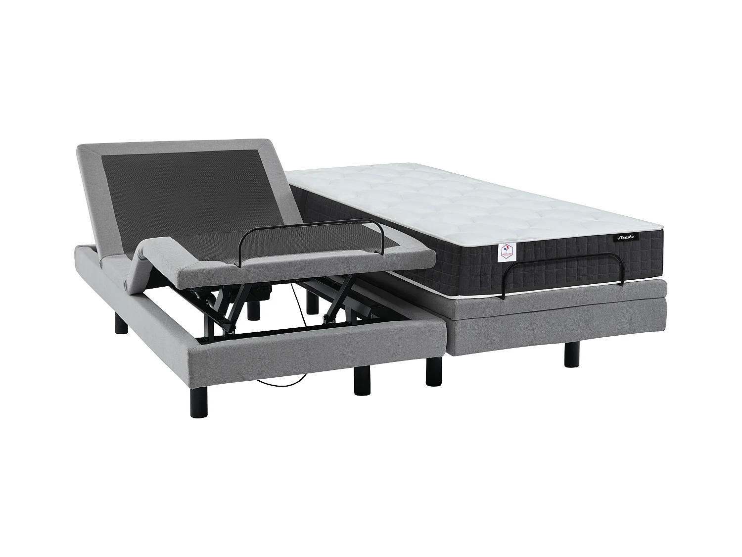 Lit électrique de relaxation déco + matelas ressorts ensachés et mémoire de forme - 2 x 80 x 200 cm - Tissu - Gris - RIZALI de YSMÉE