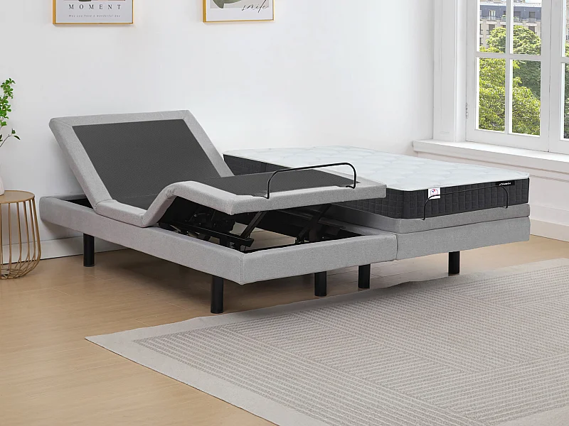 Lit électrique de relaxation déco + matelas ressorts ensachés et mémoire de forme - 2 x 80 x 200 cm - Tissu - Gris - RIZALI de YSMÉE