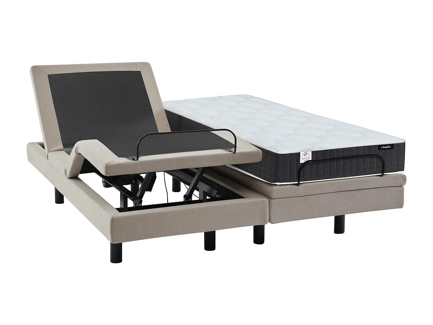 Lit électrique de relaxation déco + matelas ressorts ensachés et mémoire de forme - 2 x 80 x 200 cm - Tissu - Beige - RIZALI de YSMÉE
