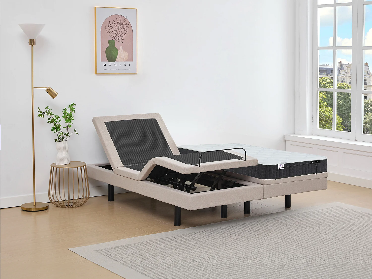 Lit électrique de relaxation déco + matelas ressorts ensachés et mémoire de forme - 2 x 80 x 200 cm - Tissu - Beige - RIZALI de YSMÉE