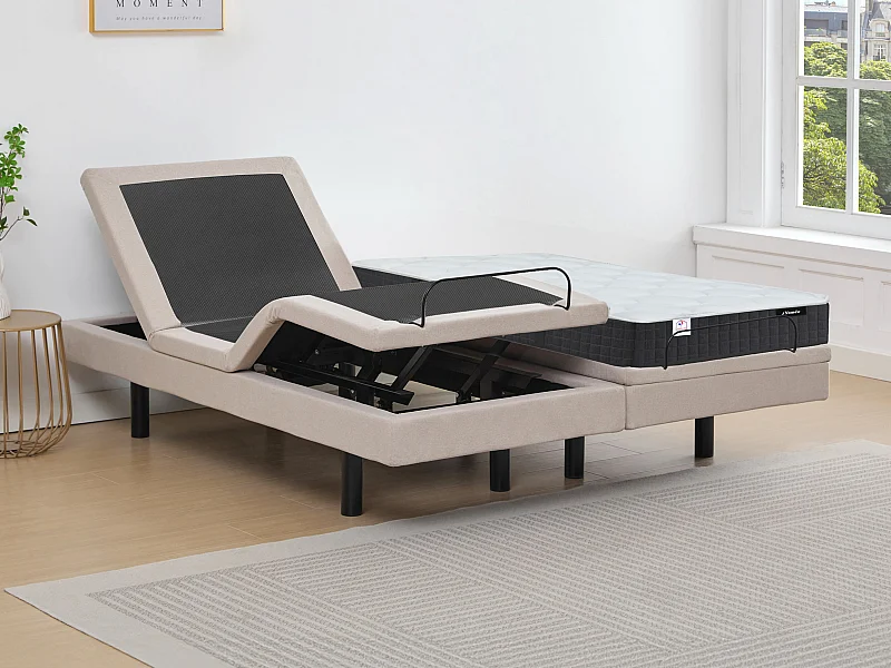 Lit électrique de relaxation déco + matelas ressorts ensachés et mémoire de forme - 2 x 80 x 200 cm - Tissu - Beige - RIZALI de YSMÉE