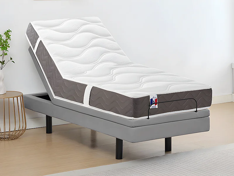 Dekoratives Bett mit elektrischer Relaxfunktion + 3-Zonen-Matratze aus 100 % Latex - 80 x 200 cm - Stoff - Grau - PANISOLA von YSMÉE