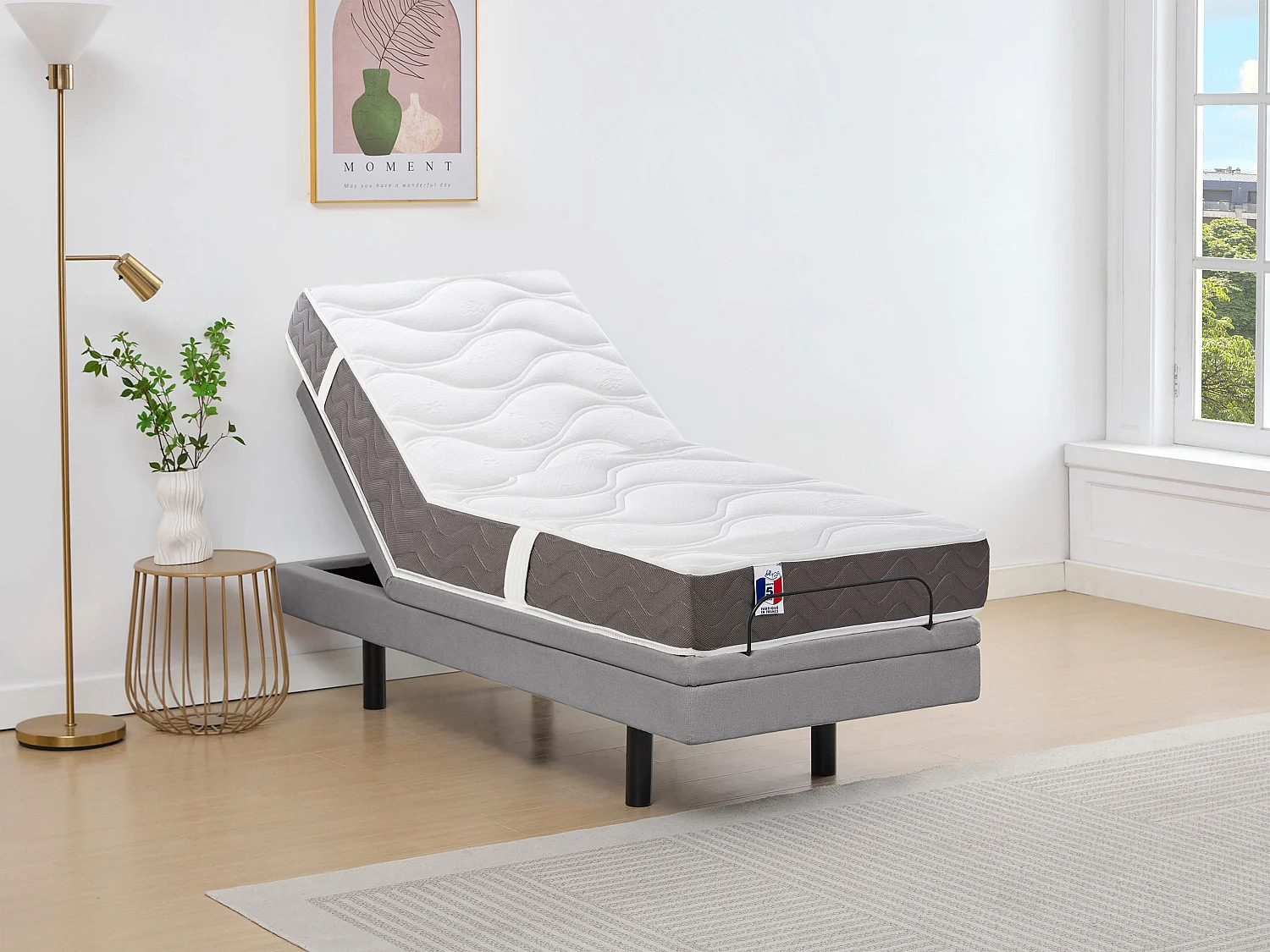 Lit électrique de relaxation déco + matelas 100% latex 3 zones - 80 x 200 cm - Tissu - Gris - PANISOLA de YSMÉE