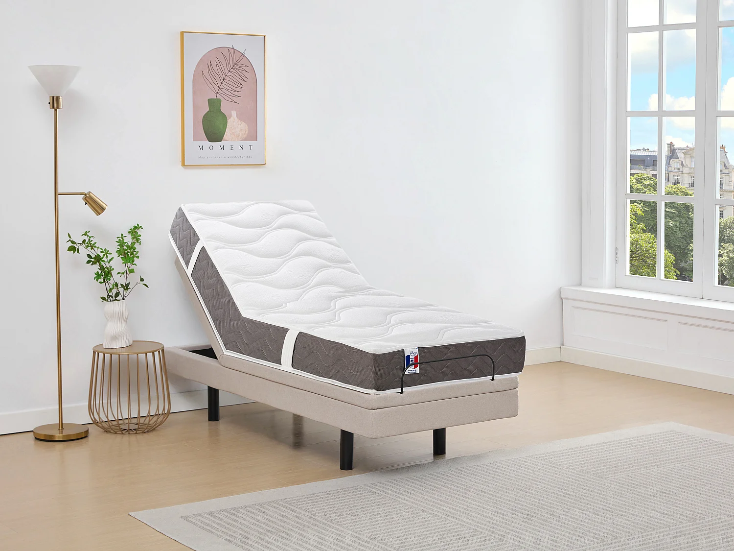 Lit électrique de relaxation déco + matelas 100% latex 3 zones - 80 x 200 cm - Tissu - Beige - PANISOLA de YSMÉE