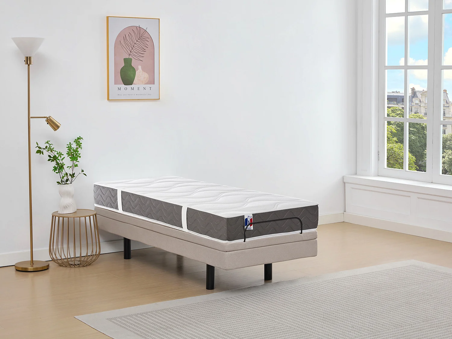 Lit électrique de relaxation déco + matelas 100% latex 3 zones - 80 x 200 cm - Tissu - Beige - PANISOLA de YSMÉE