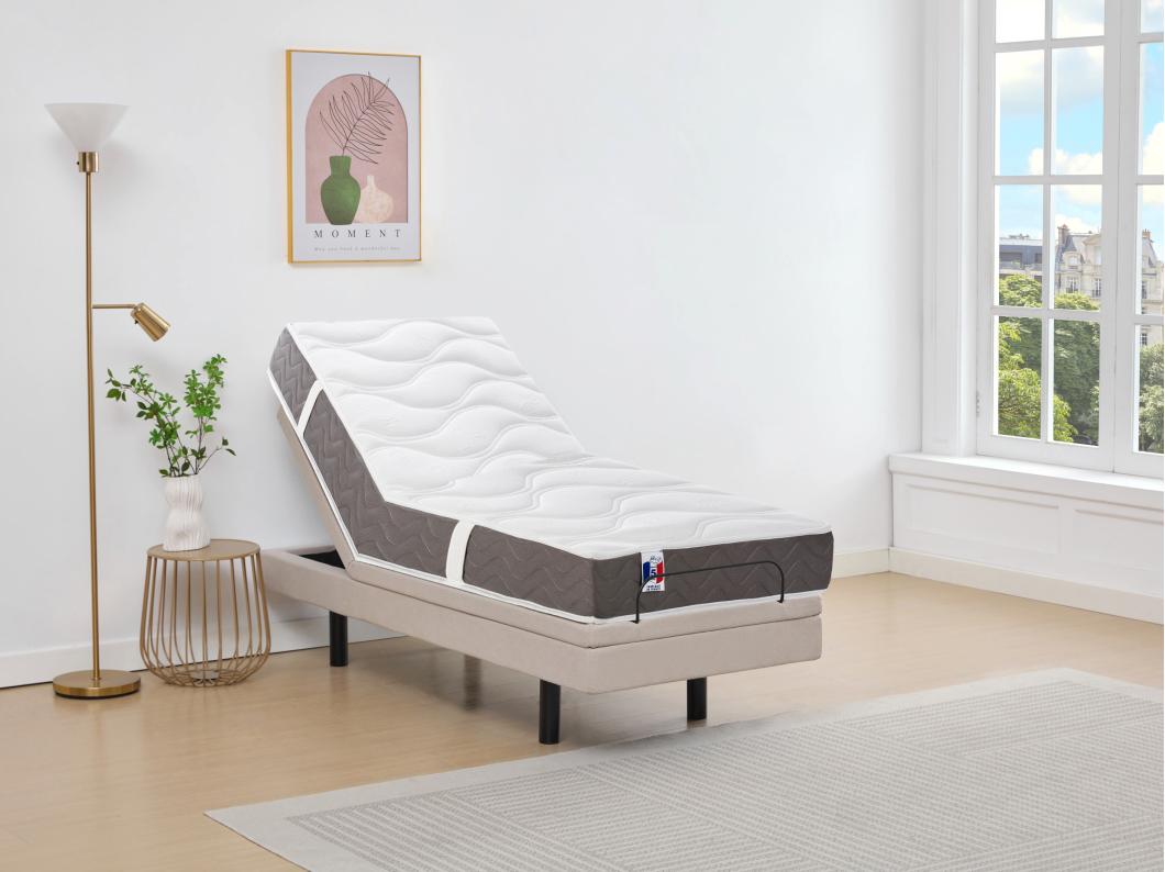 Lit électrique de relaxation déco + matelas 100% latex 3 zones - 80 x 200 cm - Tissu - Beige - PANISOLA de DREAMEA