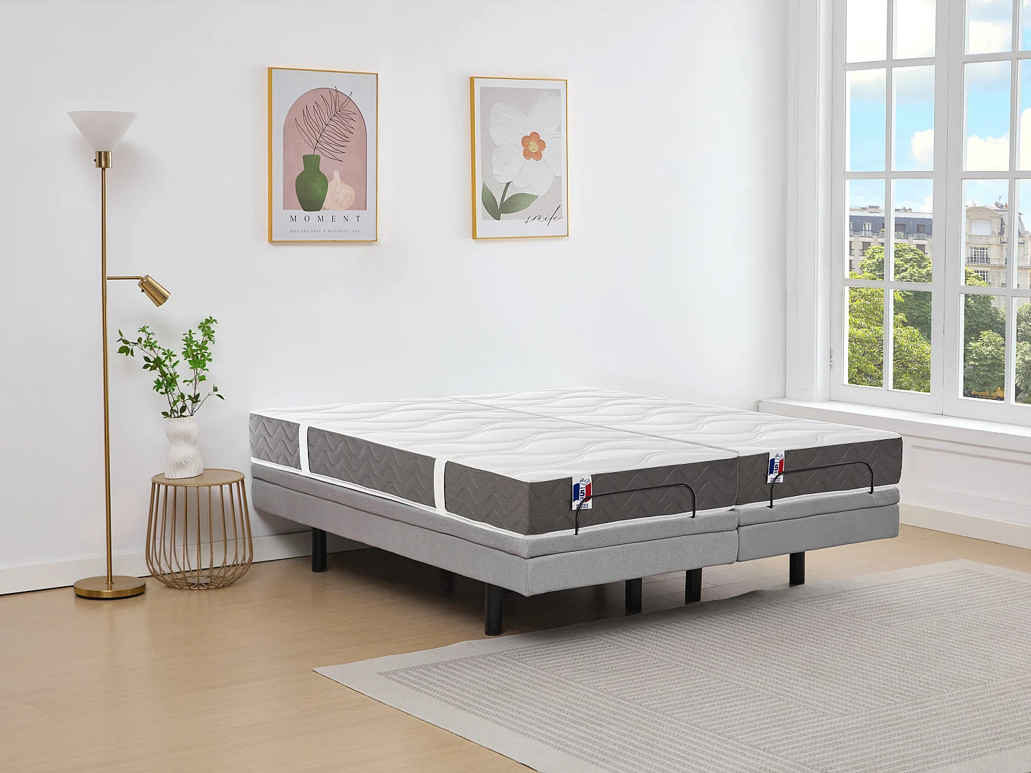 Lit électrique de relaxation déco + matelas 100% latex 3 zones - 2 x 80 x 200 cm - Tissu - Gris - PANISOLA de YSMÉE