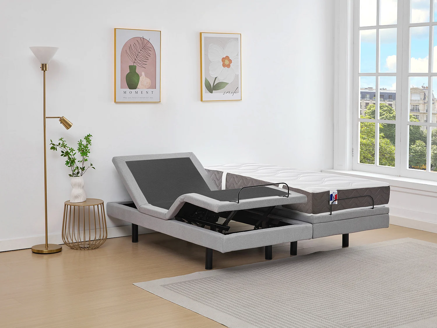 Cama eléctrica de relajación decorativa + colchón 100% látex 3 zonas - 2 x 80 x 200 cm - Tela - Gris - PANISOLA de DRAMEA