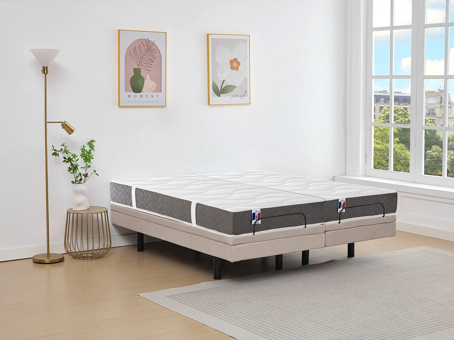 Lit électrique de relaxation déco + matelas 100% latex 3 zones - 2 x 80 x 200 cm - Tissu - Beige - PANISOLA de YSMÉE