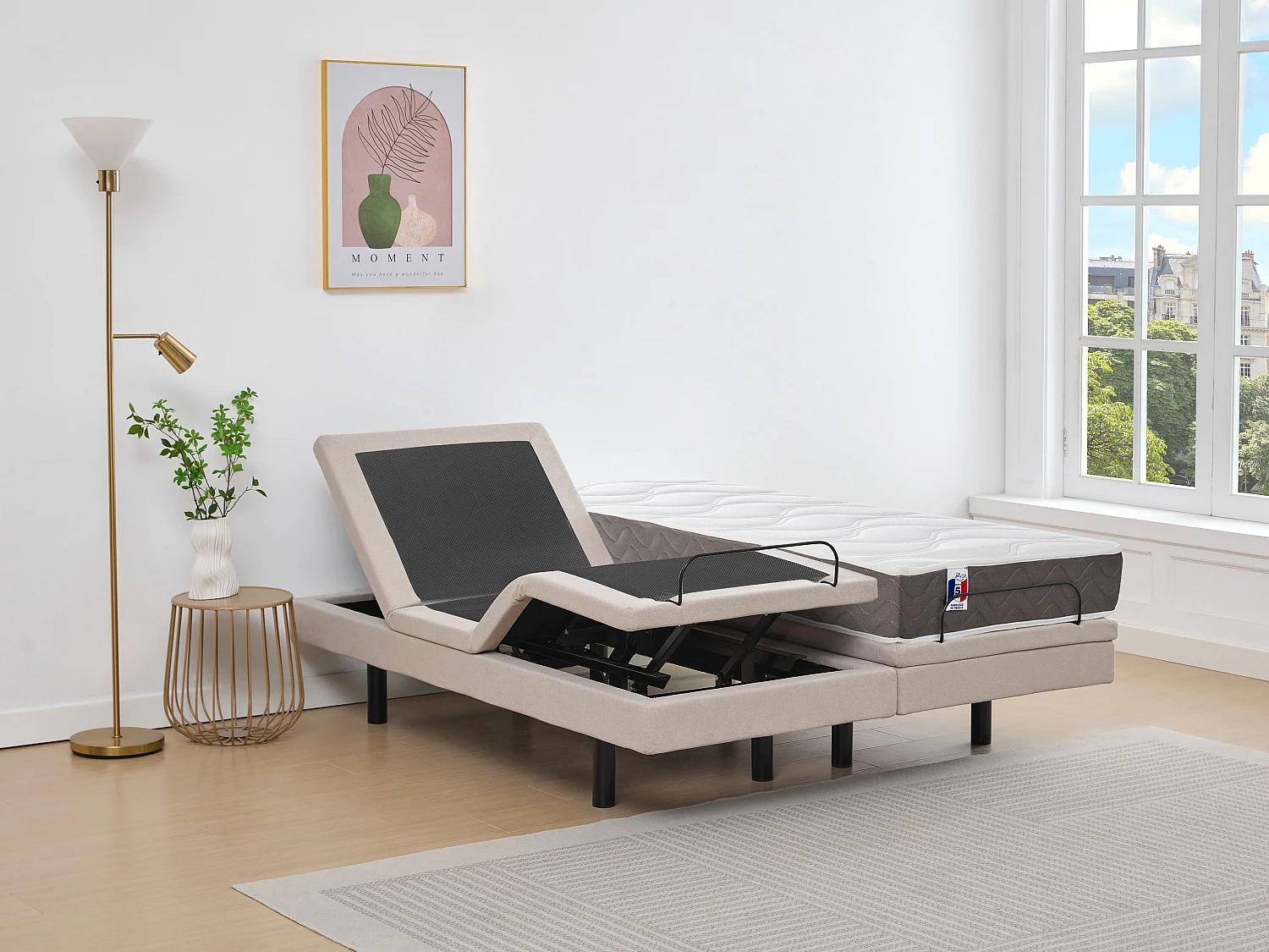 Lit électrique de relaxation déco + matelas 100% latex 3 zones - 2 x 80 x 200 cm - Tissu - Beige - PANISOLA de YSMÉE