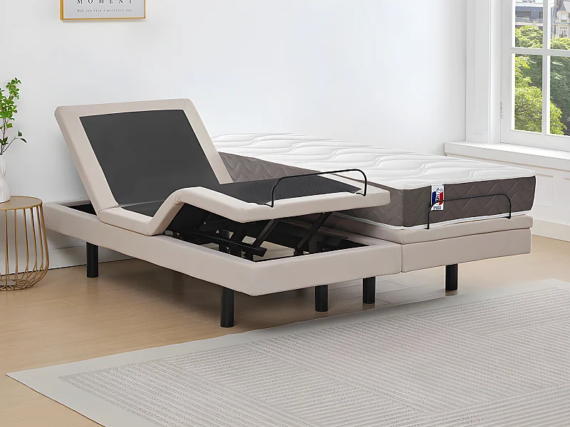 Letto relax elettrica deco + materasso 100% lattice 3 zone 2 x 80 x 200 cm Tessuto Beige - PANISOLA di YSMÉE