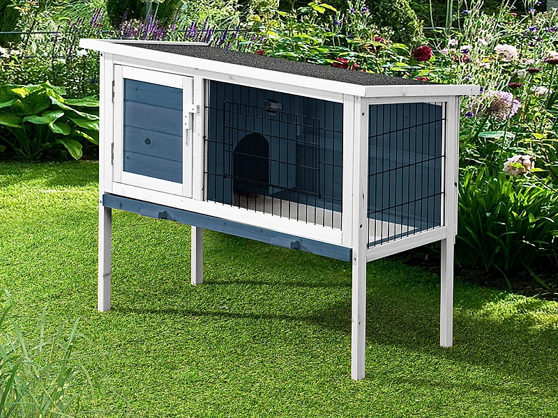 Clapier en bois sur pieds pour lapins et rongeurs - L. 91 x P. 45 x H. 70 cm - Bleu et Blanc - LAPIUS