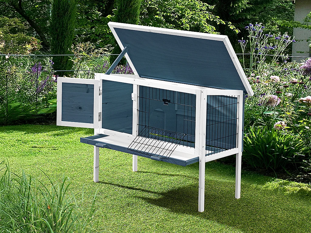 Clapier en bois sur pieds pour lapins et rongeurs - L. 91 x P. 45 x H. 70 cm - Bleu et Blanc - LAPIUS