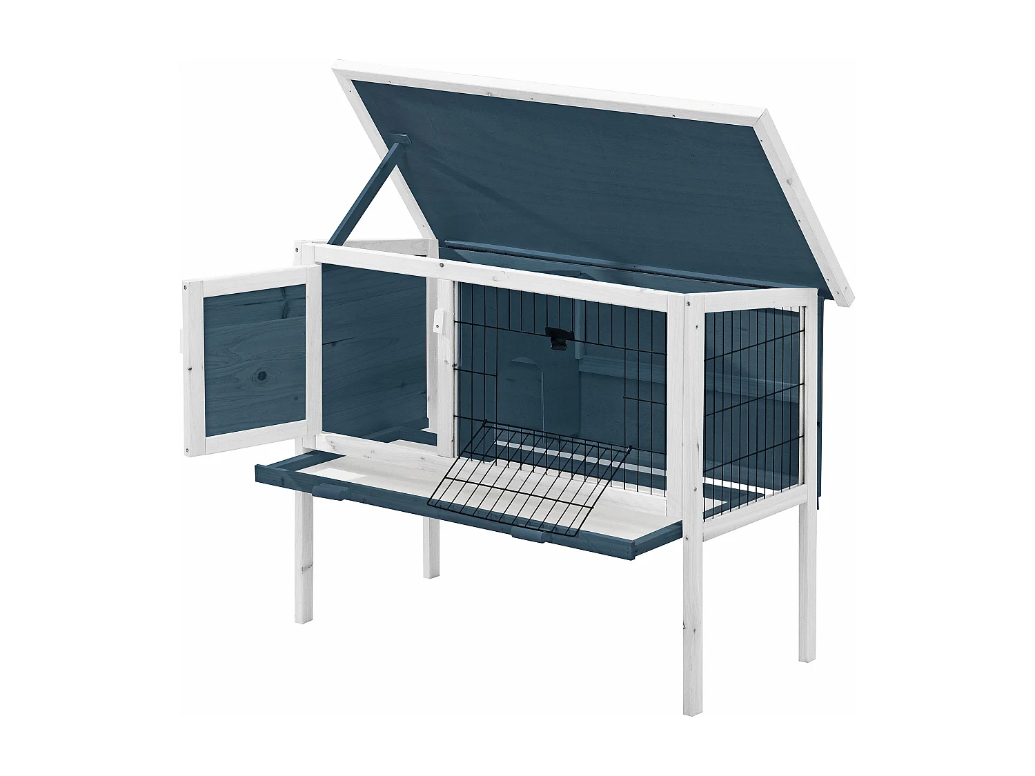 Clapier en bois sur pieds pour lapins et rongeurs - L. 91 x P. 45 x H. 70 cm - Bleu et Blanc - LAPIUS