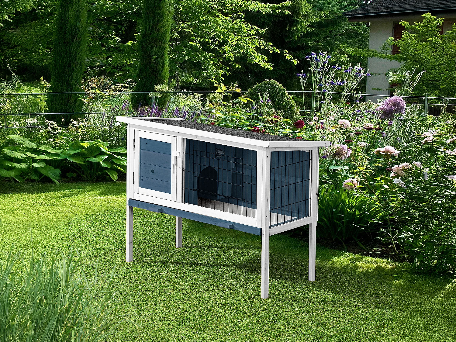 Kaninhus i tre med bein for kaniner og smågnagere - L. 91 x B. 45 x H. 70 cm - Blå og Hvit - LAPIUS