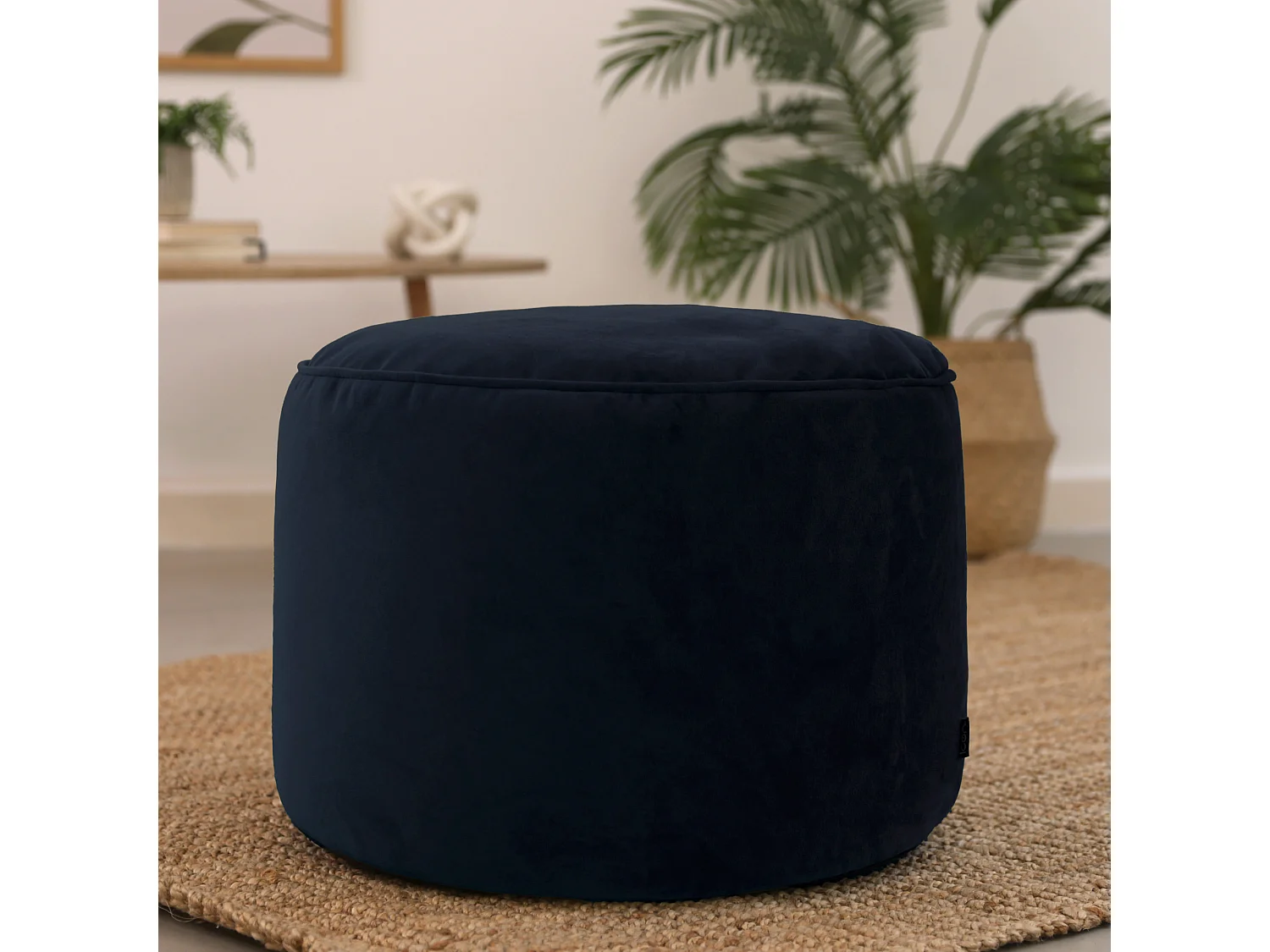 Pouf repose-pieds rond velours bleu minuit - MILANO