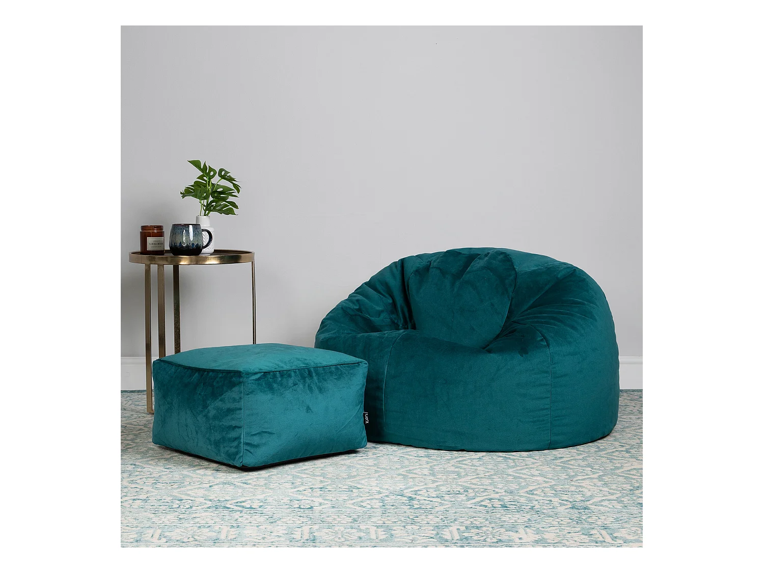 Pouf classique et son repose-pied velours bleu canard - AURORA
