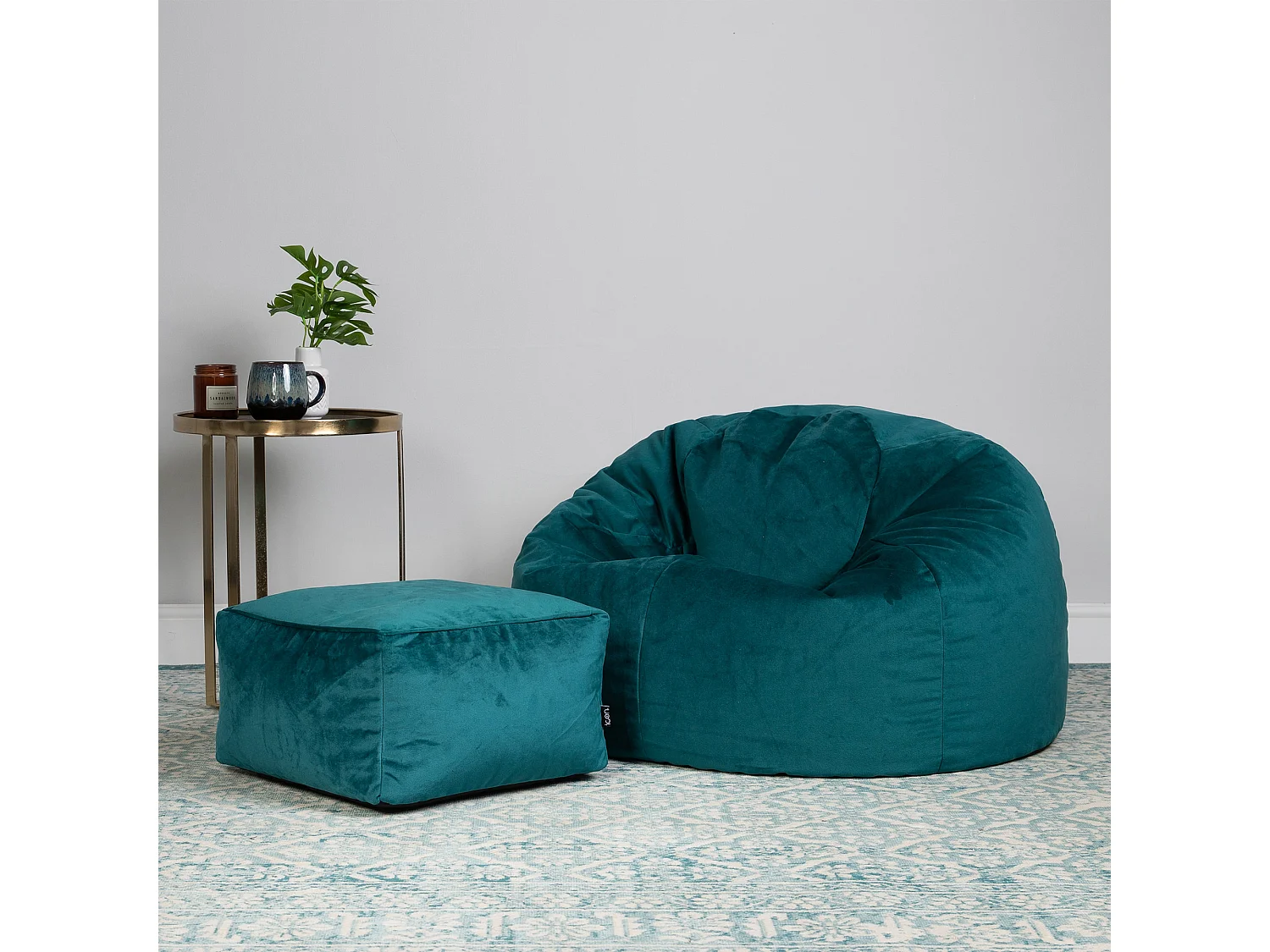 Pouf classique et son repose-pied velours bleu canard - AURORA