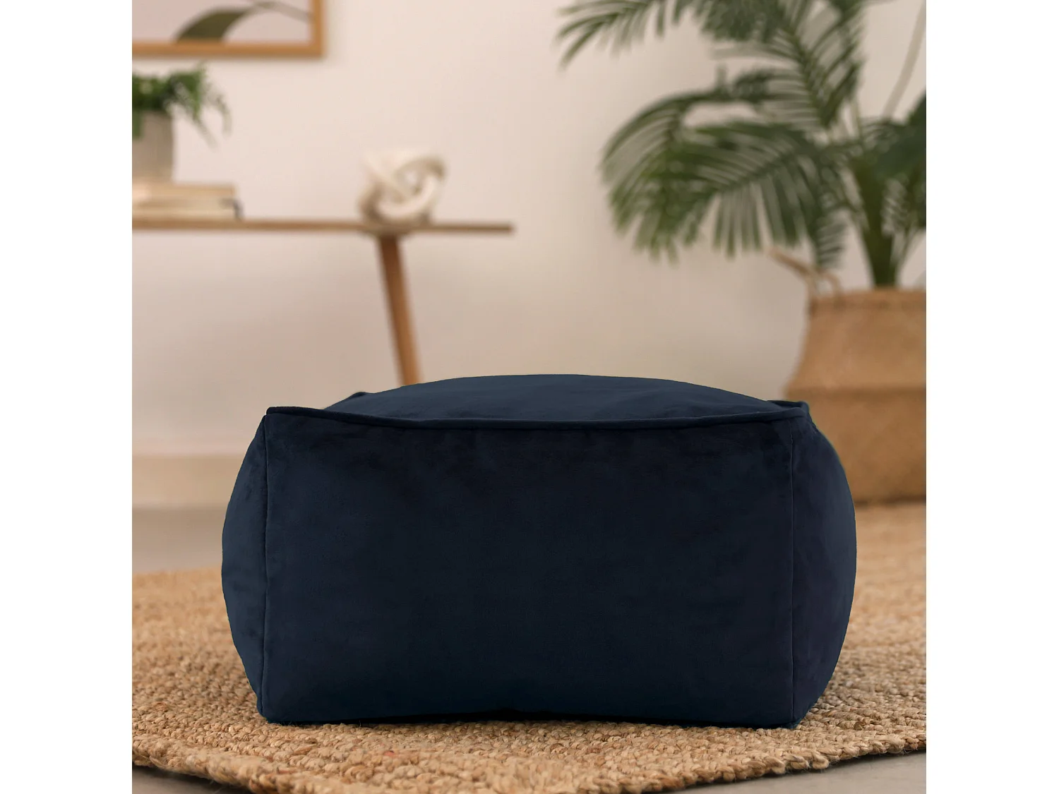 Pouf repose-pieds carré velours bleu minuit - AMARA