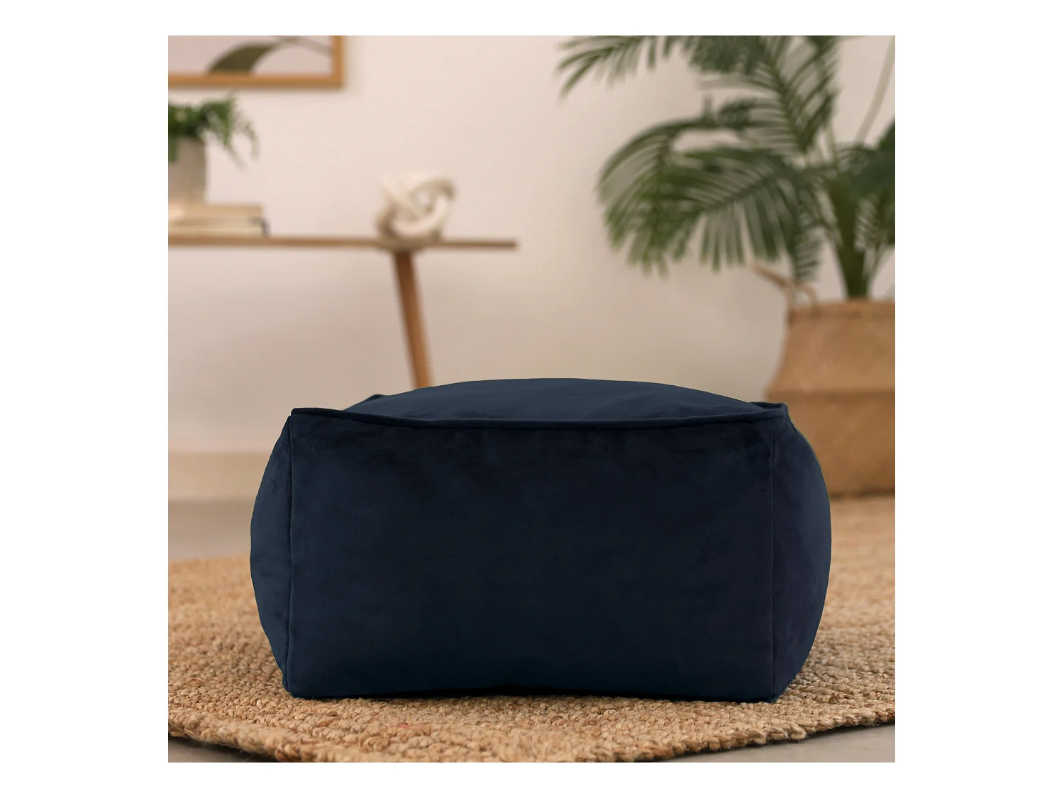 Pouf repose-pieds carré velours bleu minuit - AMARA