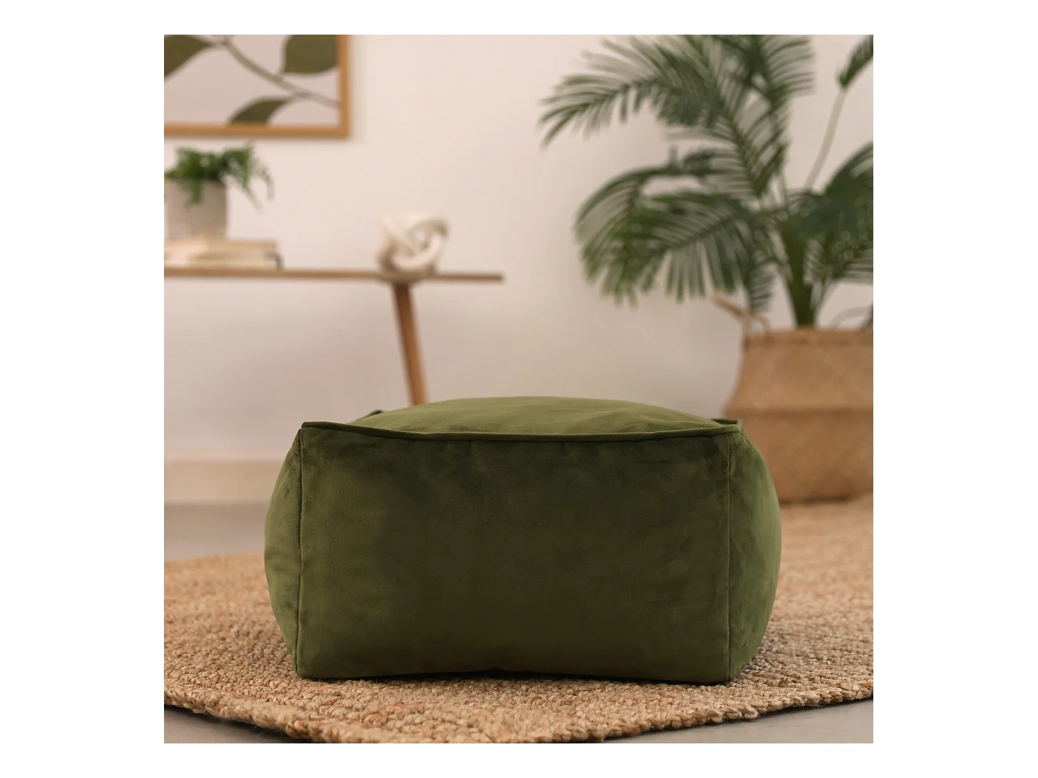 Pouf repose-pieds carré velours vert olive - AMARA