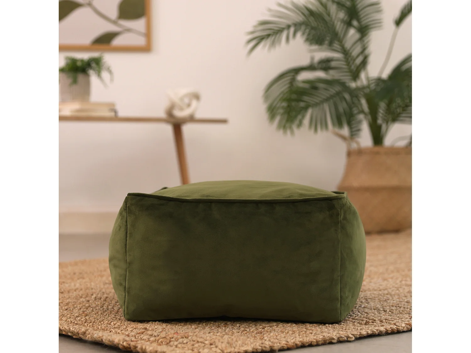 Pouf repose-pieds carré velours vert olive - AMARA