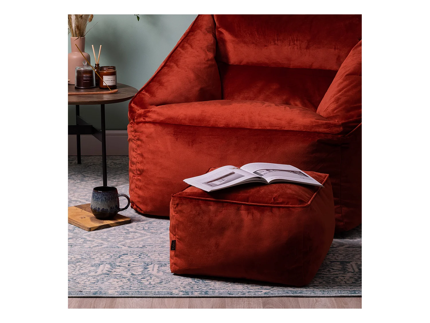 Pouf repose-pieds carré velours terracotta - AMARA