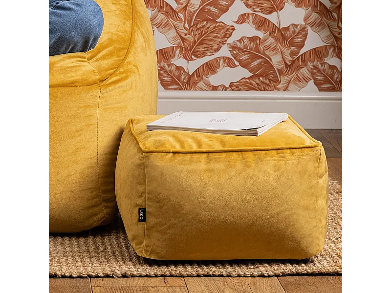 Pouf repose-pieds carré velours jaune ocre - AMARA