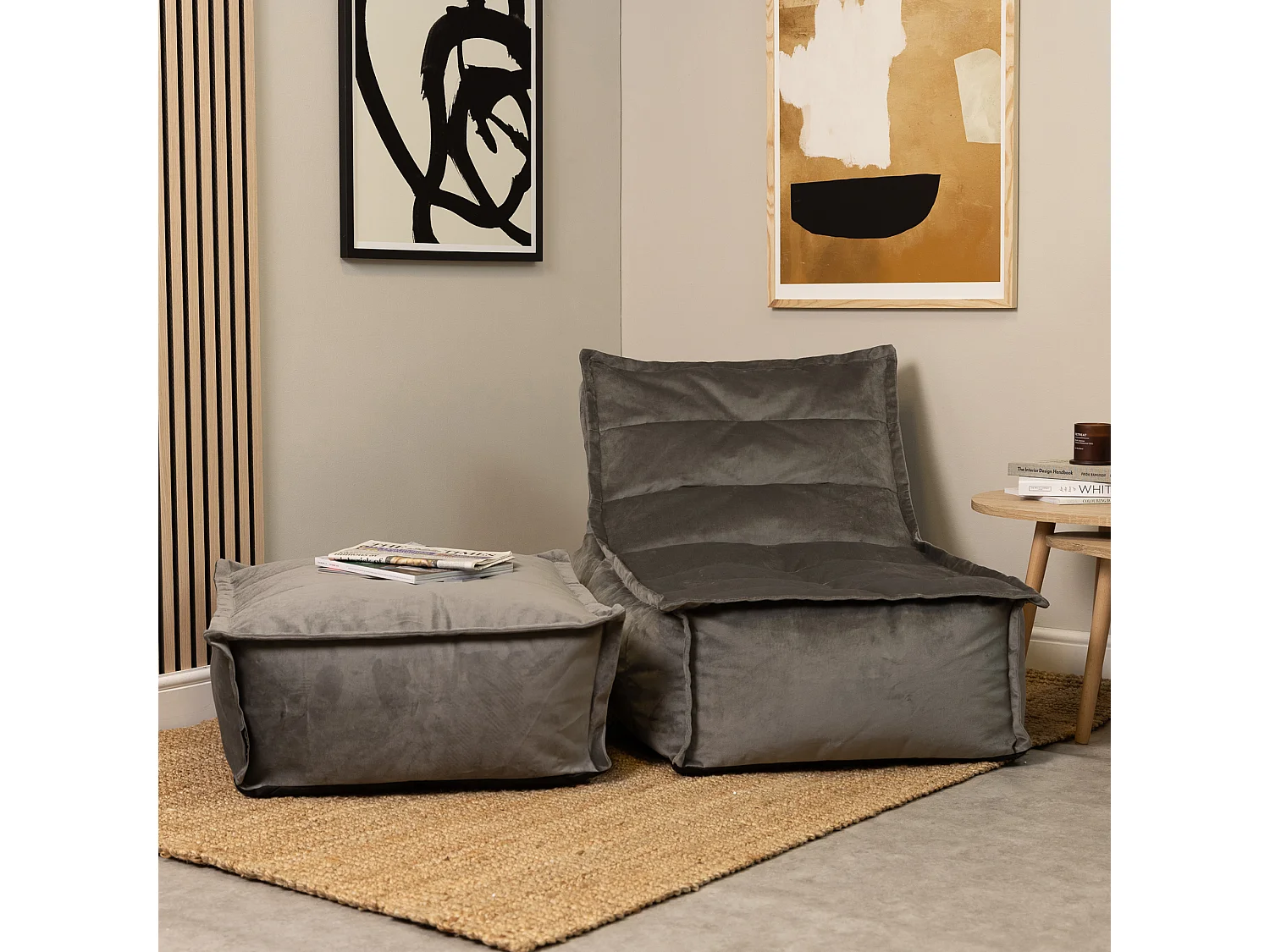 Pouf velours avec large repose-pieds gris anthracite - DOLCE