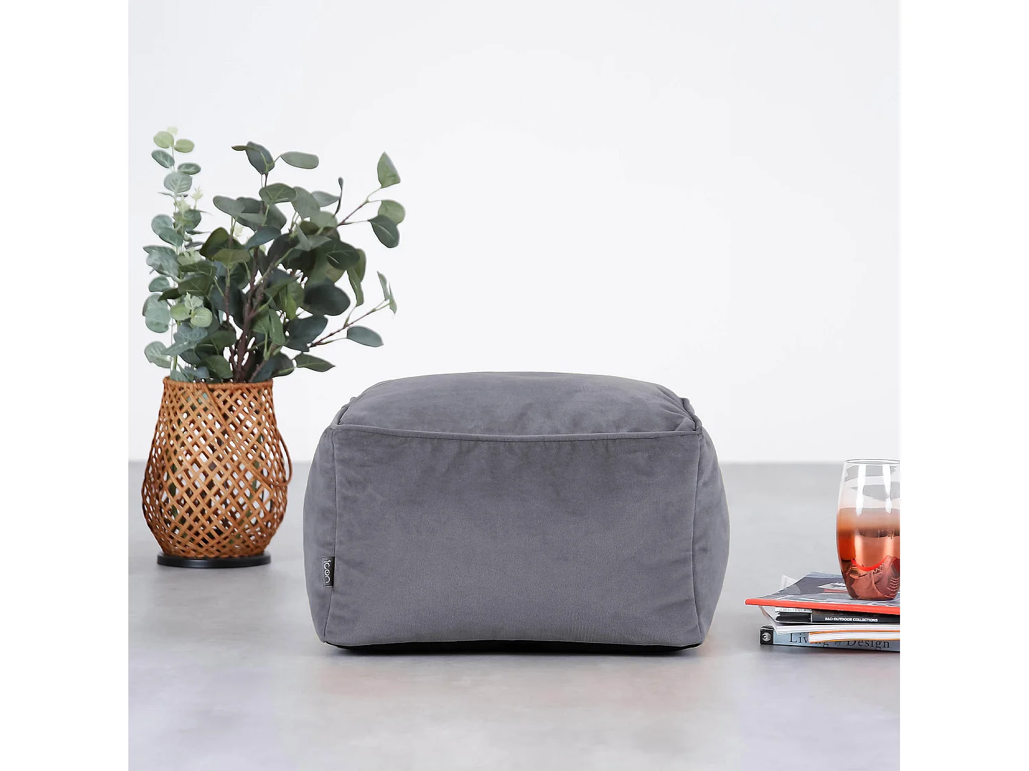 Pouf repose-pieds carré velours gris anthracite - AMARA