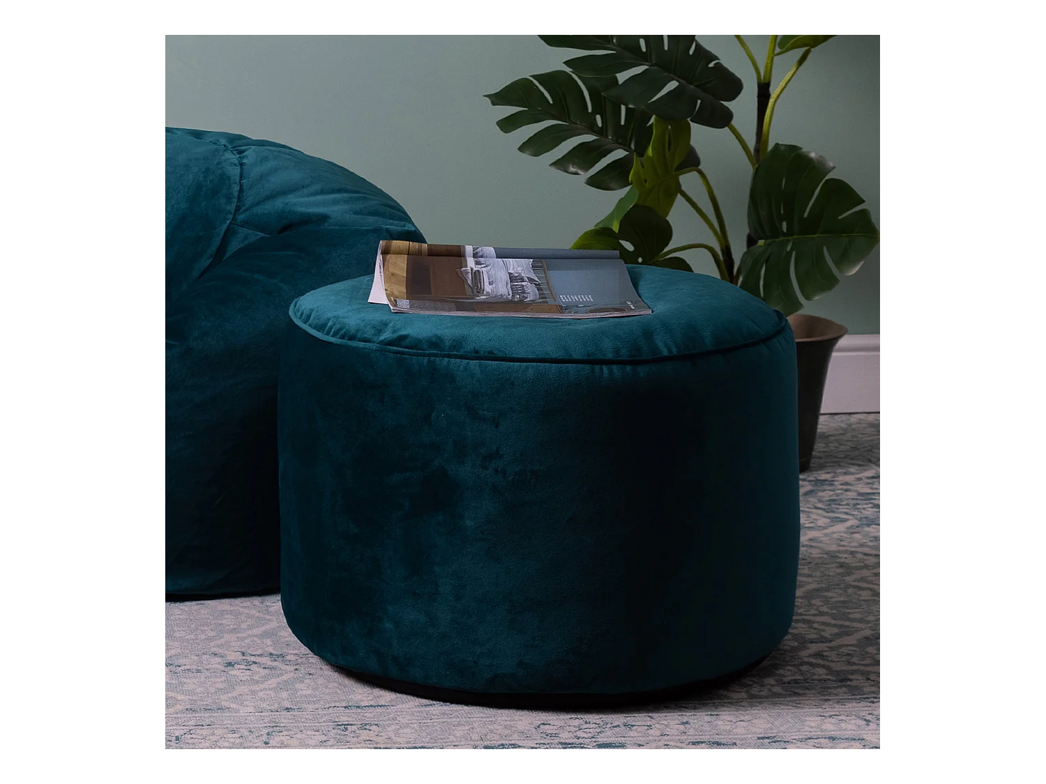 Pouf repose-pieds rond velours bleu canard - MILANO