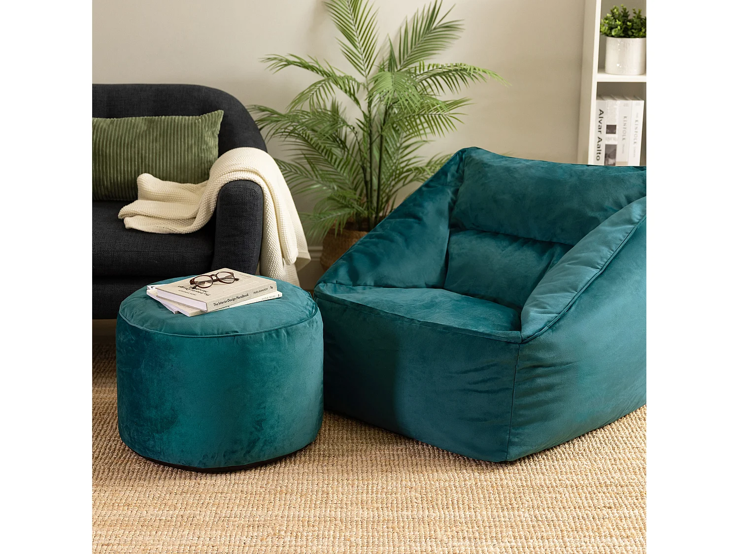 Pouf repose-pieds rond velours bleu canard - MILANO
