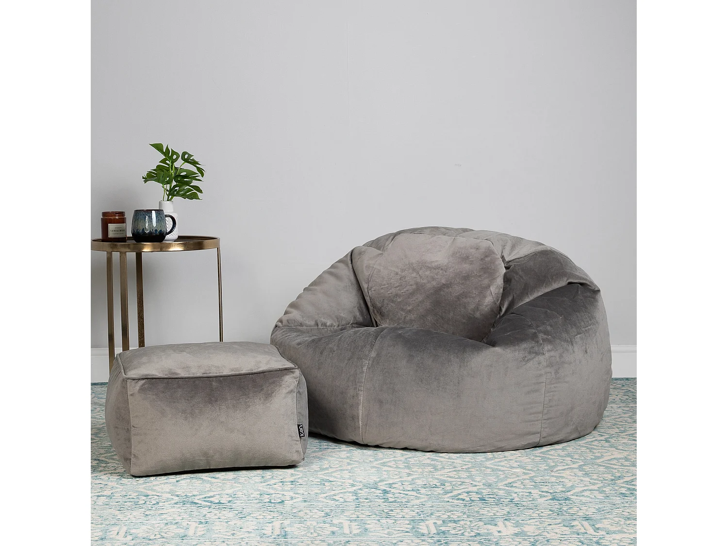 Pouf classique et son repose-pied velours gris anthracite - AURORA