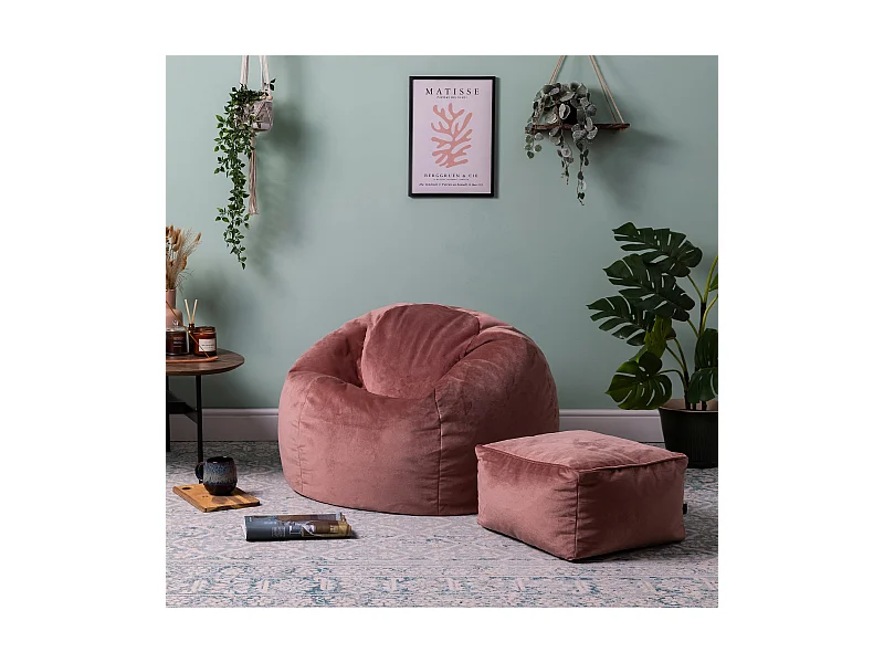 Pouf classique et son repose-pied velours rose - AURORA