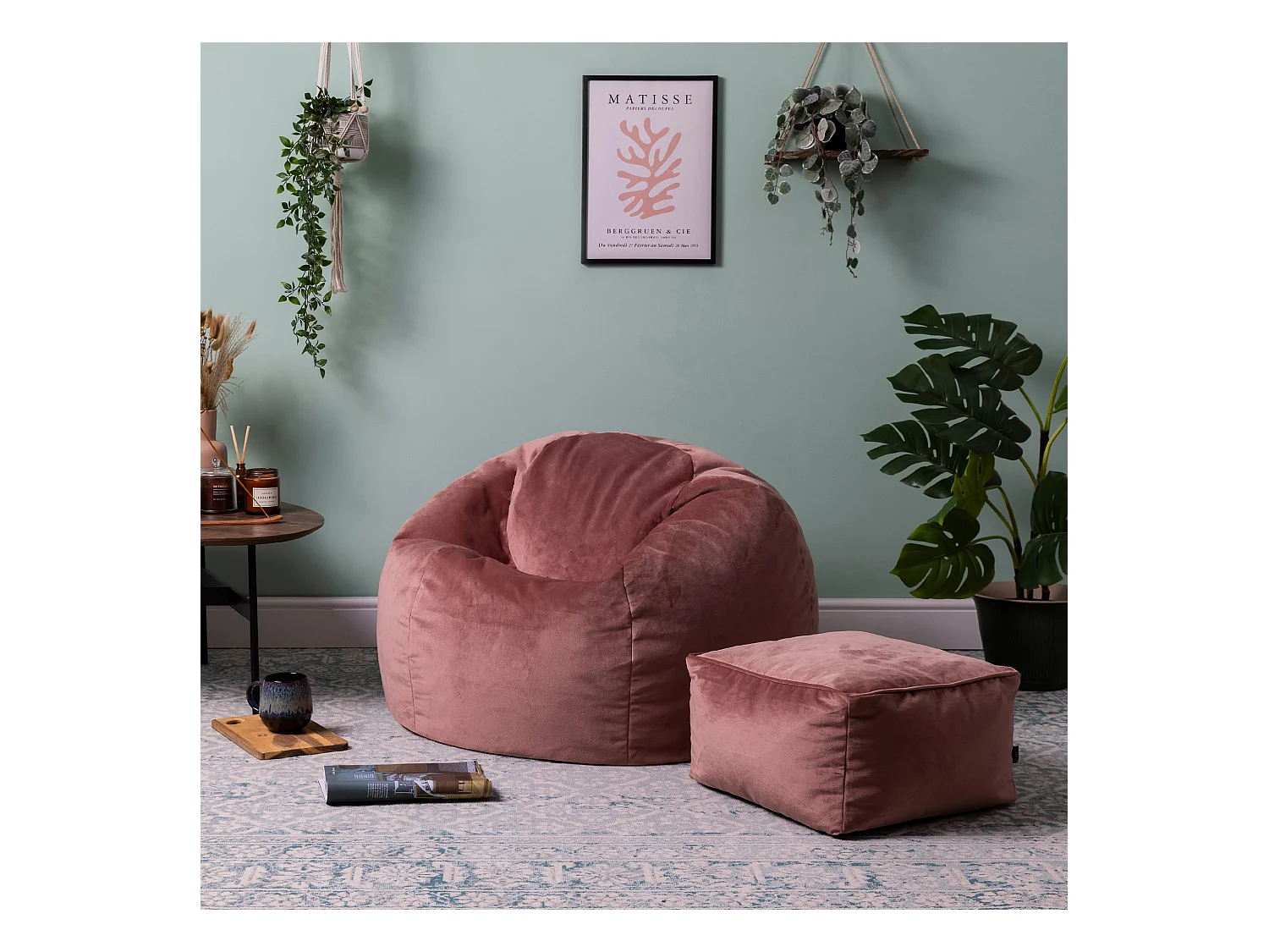 Pouf classique et son repose-pied velours rose - AURORA