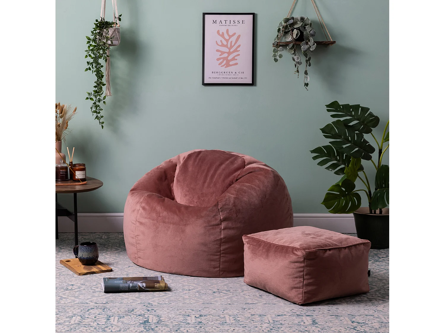 Pouf classique et son repose-pied velours rose - AURORA