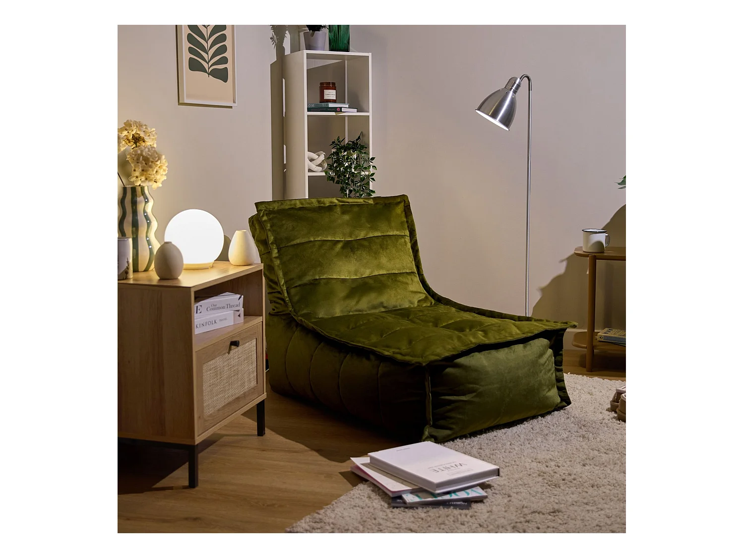 Pouf méridienne velours vert olive - DOLCE
