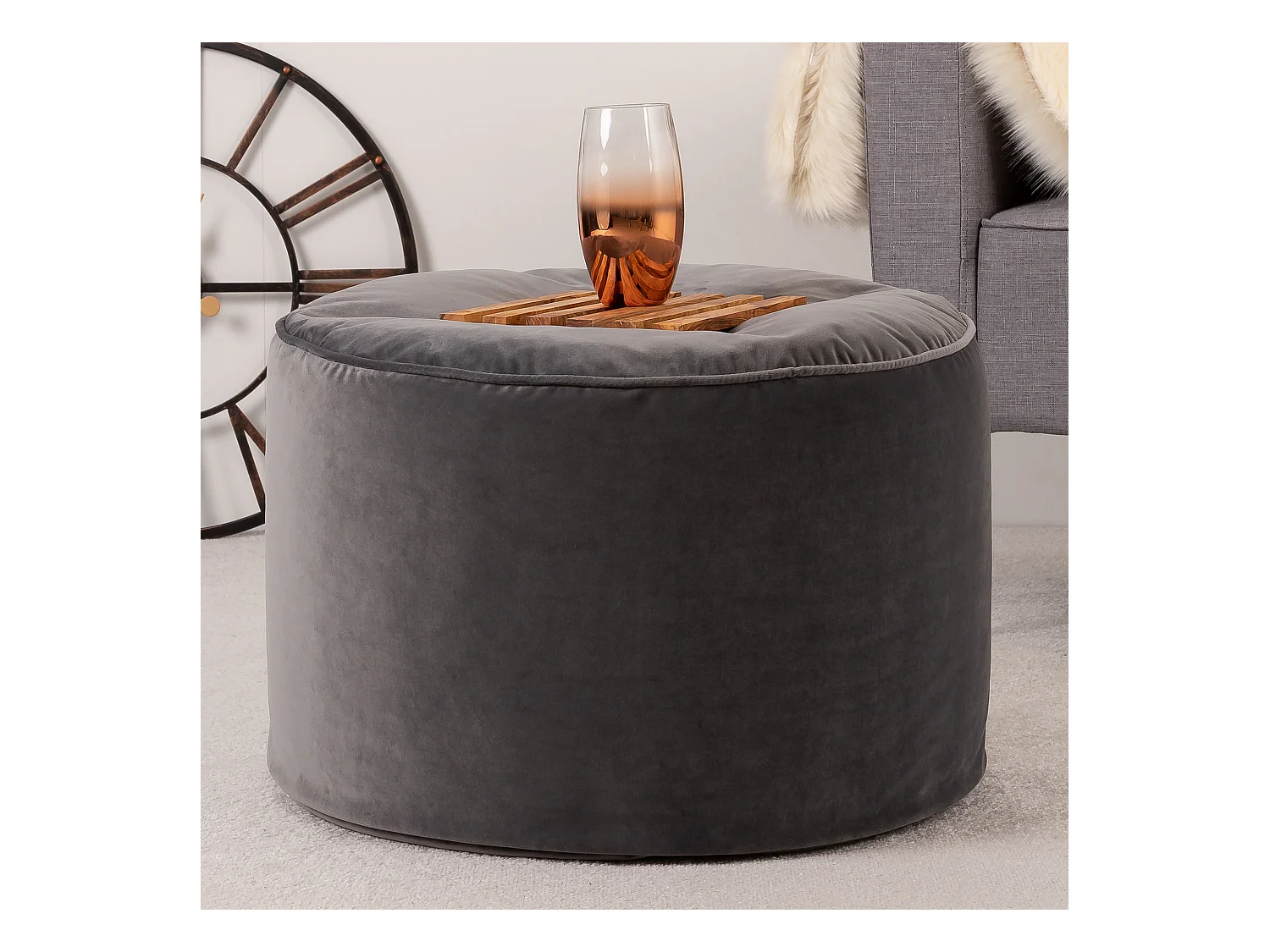 Pouf repose-pieds rond velours gris anthracite - MILANO