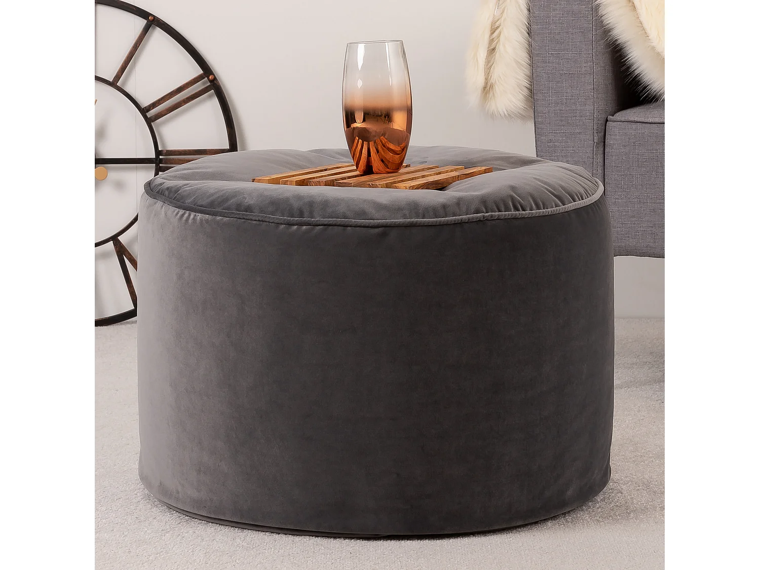 Pouf repose-pieds rond velours gris anthracite - MILANO